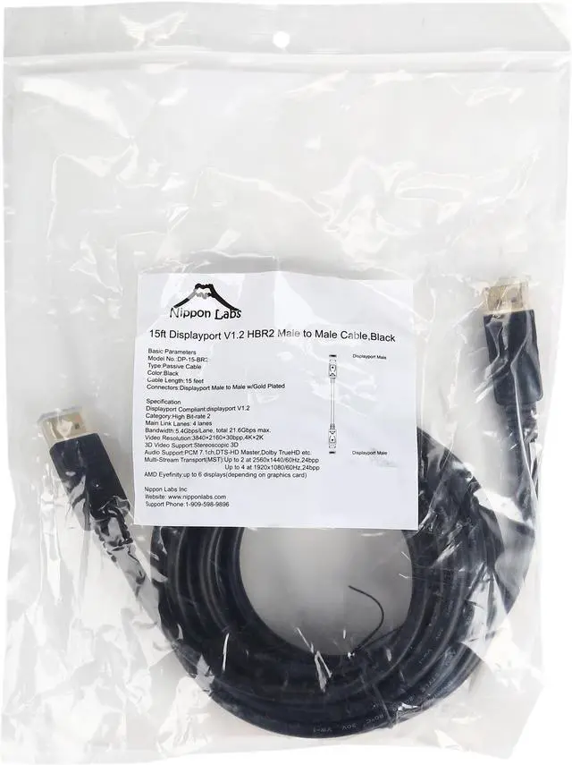 Alt view image 3 of 3 - Nippon Labs DP-15-BR2 15 ft. Black DisplayPort Male to Male w/ Gold Plated 28 AWG DisplayPort V1.2 High Bit-Rate 2 Cable - OEM