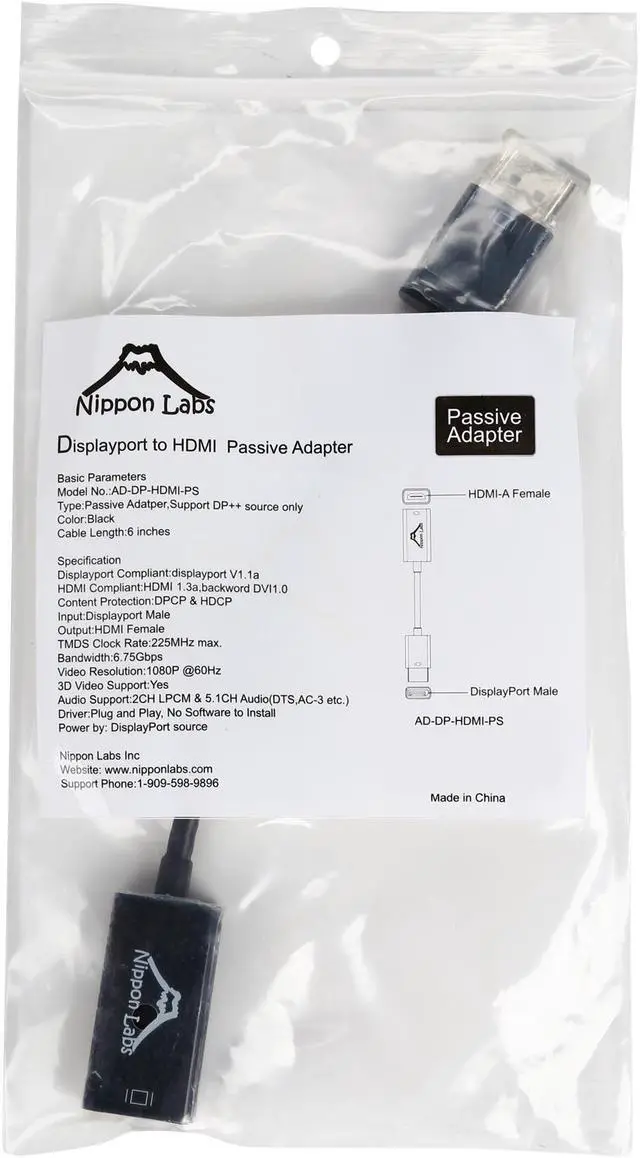 Alt view image 3 of 3 - Nippon Labs AD-DP-HDMI-PS 6" DP DisplayPort Male to HDMI Female 1080P Passive Adapter - OEM