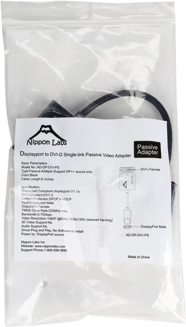 Alt view image 3 of 3 - Nippon Labs AD-DP-DVI-PS 6" DP DisplayPort Male to DVI Female 1080P Passive Adapter Converter - OEM
