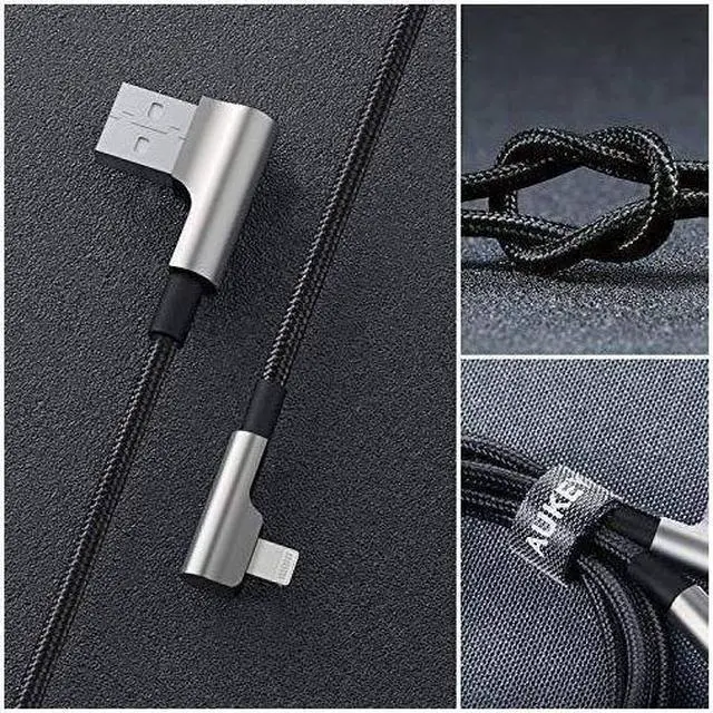 Alt view image 7 of 9 - AUKEY Lightning to USB-A Right Angle Fast Charging Cables (6.6' Black + 6.6' Red Braided Mixed - 2pk) CB-AL01 - Black/Red