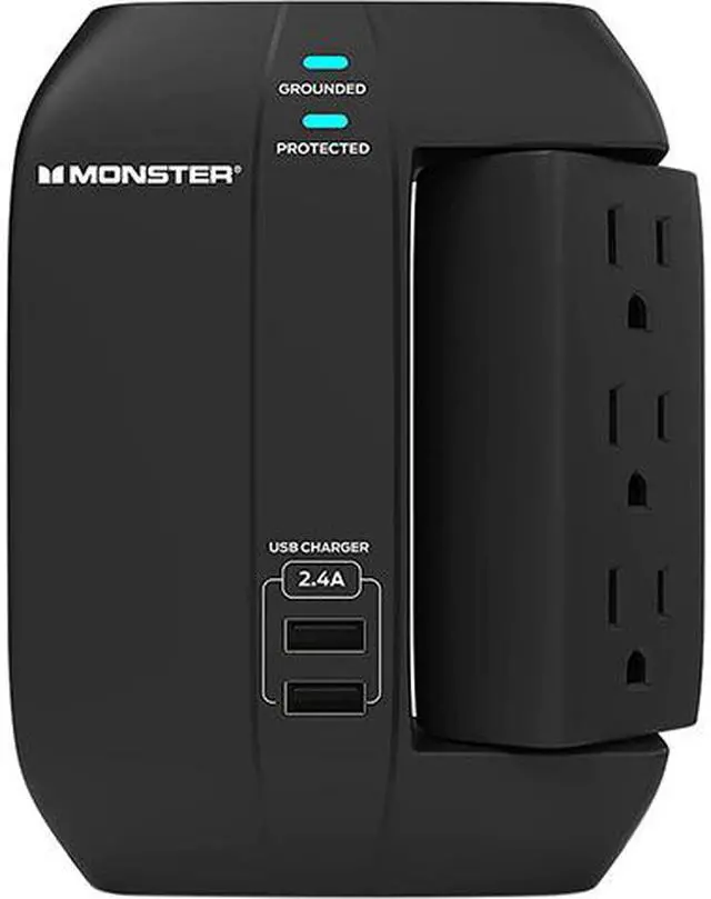 Main image of MONSTER MWS1-1002-CAN 6 Outlet + 2 USB-A Outlets 1200 Joules Essentials Wall Tap Surge Protector, 6 AC, 2 USB-A, 1-side Swivel Sockets, Black