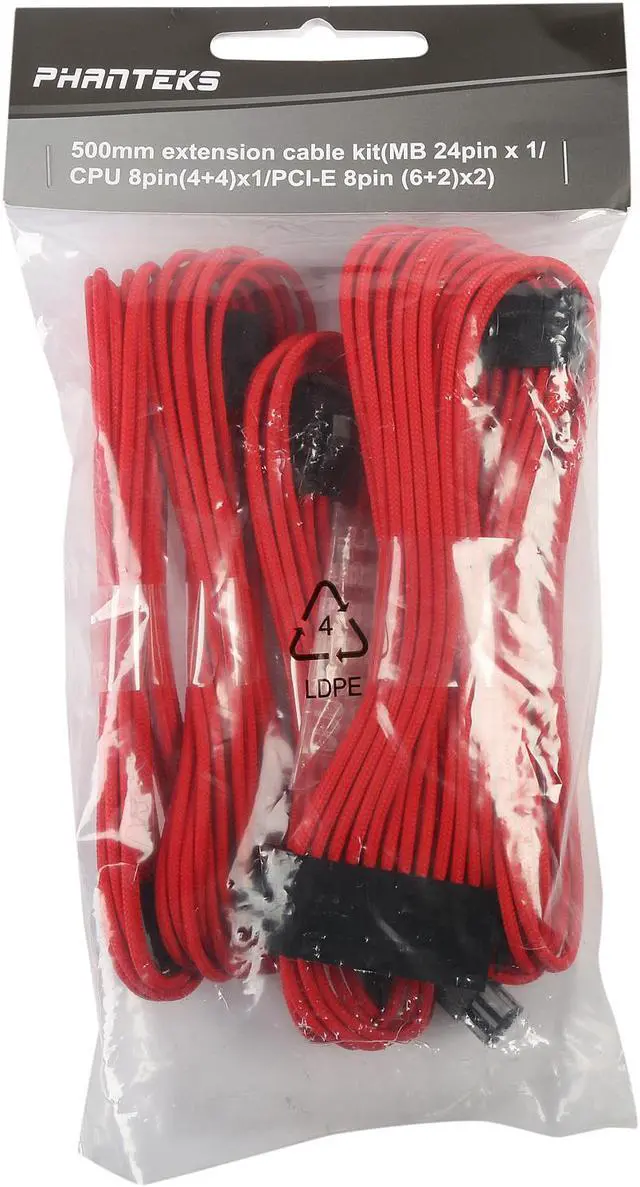 Alt view image 3 of 3 - Phanteks PH-CB-CMBO_RD Universal Extension Cables Kit (PH-CB-CMBO) - 1x 24pin ATX, 1x 8pin (4+4) EPS, 2x 8pin (6+2) PCI-e Extension, 500mm Length, Individually Sleeved, Red Color