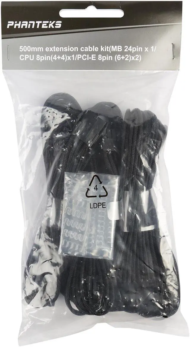 Alt view image 3 of 3 - Phanteks PH-CB-CMBO_BK Universal Extension Cables Kit (PH-CB-CMBO) - 1x 24pin ATX, 1x 8pin (4+4) EPS, 2x 8pin (6+2) PCI-e Extension, 500mm Length, Individually Sleeved, Black Color