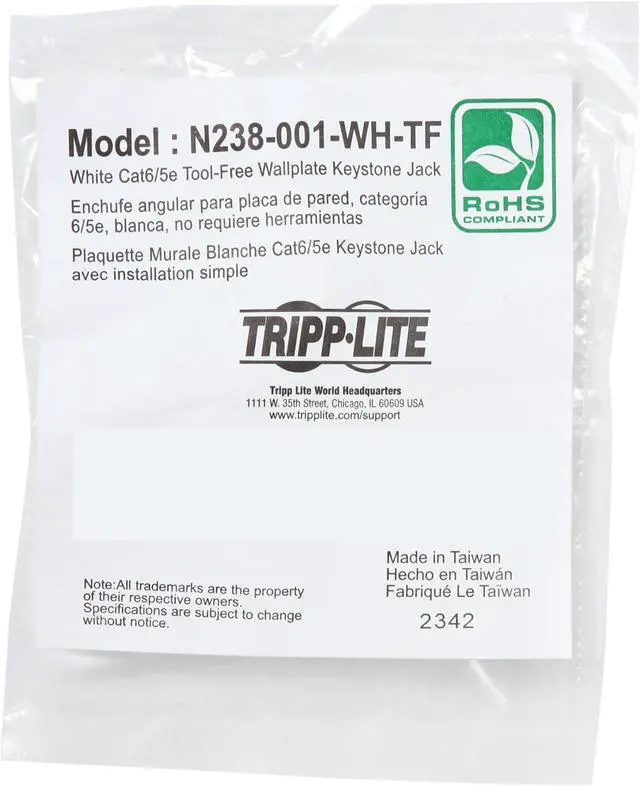Alt view image 5 of 5 - Tripp Lite Cat6/Cat5e 110 Style Toolless Keystone Jack 180 Degrees White TAA/GSA (N238-001-SH-TFA)