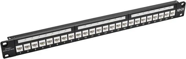 Main image of Tripp Lite 24-Port Cat6a Patch Panel w/ Down-Angled Ports RJ45 Ethernet 1U Rackmount TAA (N254-024-6AD)