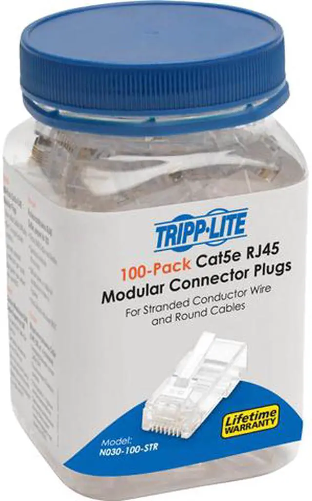 Main image of Tripp Lite RJ45 Modular Connector for Round Stranded UTP Conductor 4-Pair Cat5e, 100 Pack (N030-100-STR)