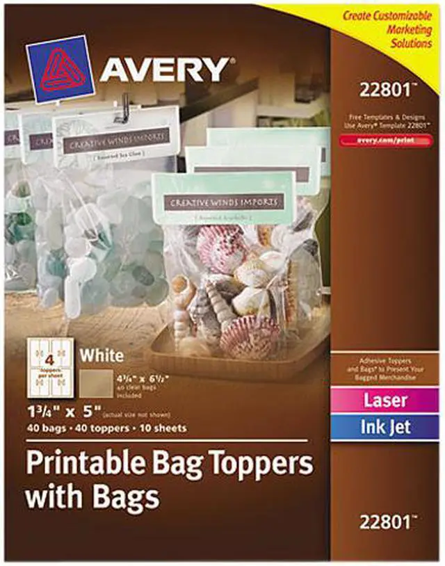 Main image of Avery Printable Bag Toppers with Bags, Permanent Adhesive, 1-3/4" x 5", 40 Labels (22801)
