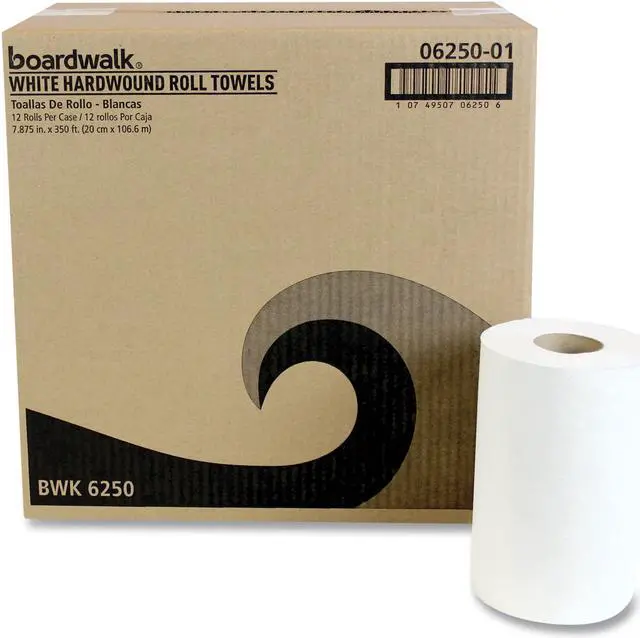 Alt view image 2 of 3 - Boardwalk Hardwound Paper Towels, Nonperforated 1-Ply White, 350ft, 12 Rolls/Carton BWK6250