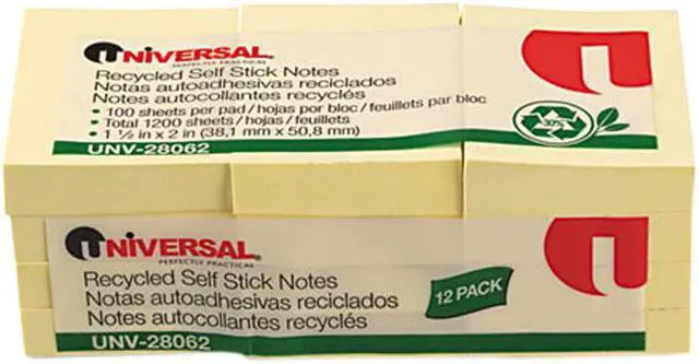 Main image of Recycled Sticky Notes, 1.5 X 2, Yellow; 12 100-Sheet Pads/Pack