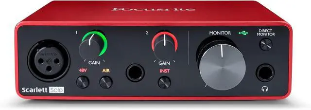 Main image of Focusrite Scarlett Solo 3rd Gen USB Audio Interface for Guitarists, Vocalists, Podcasters or Producers to record and playback studio quality sound, Black/Red