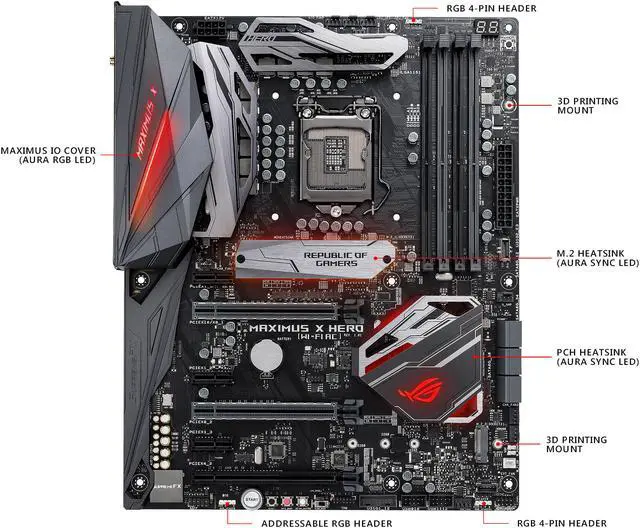 Alt view image 4 of 9 - ASUS ROG Maximus X Hero (Wi-Fi AC) LGA 1151 (300 Series) Intel Z370 ATX Intel Motherboard