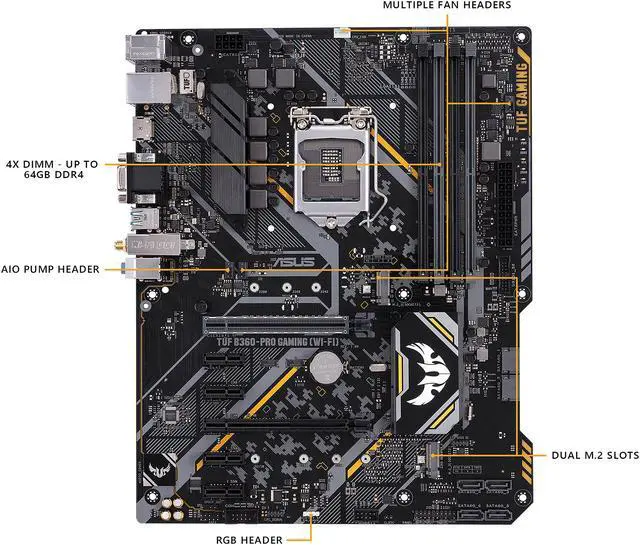 Alt view image 2 of 6 - ASUS TUF B360-Pro Gaming (Wi-Fi) LGA1151 (300 Series) DDR4 HDMI VGA M.2 ATX Motherboard with 802.11 ac Wi-Fi