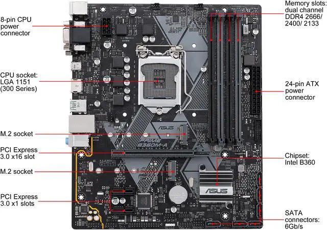 Alt view image 2 of 7 - ASUS PRIME B360M-A LGA1151 (300 Series) DDR4 HDMI DVI VGA M.2 mATX Motherboard