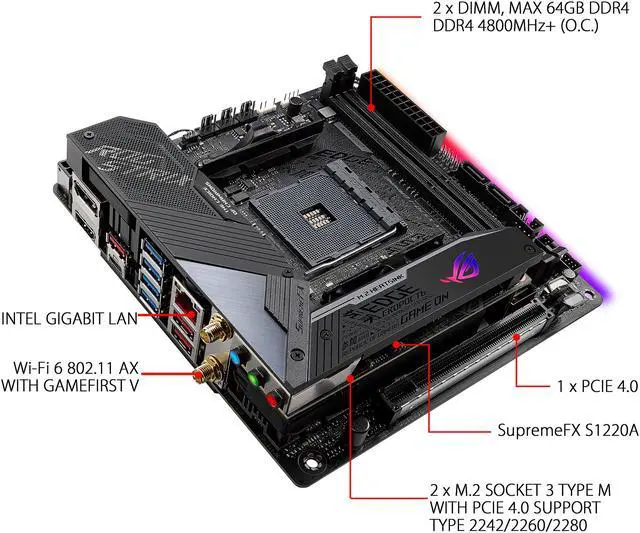 Alt view image 4 of 8 - ASUS ROG Strix X570-I Gaming, X570 Mini-ITX Gaming Motherboard, AMD Ryzen 3000 with PCIe 4.0, WiFi 6 (802.11ax), Intel Gigabit Ethernet, SATA 6Gb/s
