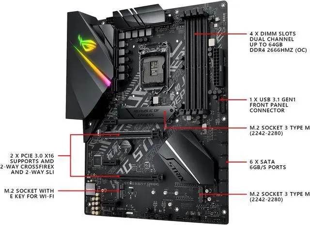Alt view image 4 of 7 - ASUS ROG STRIX B365-F GAMING Support 9th/8th Gen Intel Processor with Aura Sync RGB, Dual M.2, DisplayPort, HDMI, DVI, SATA 6Gbps and USB 3.1 Gen 2 ATX Gaming Motherboard