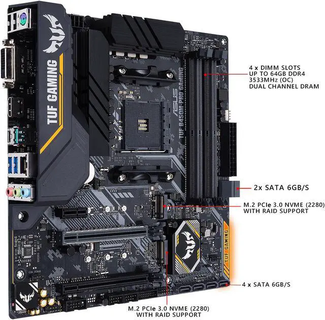 Alt view image 4 of 7 - ASUS TUF B450M-PRO GAMING AMD Ryzen 3 AM4 DDR4, HDMI, Dual M.2, USB 3.1 Gen 2 and Aura Sync RGB LED Lighting Micro-ATX Motherboard