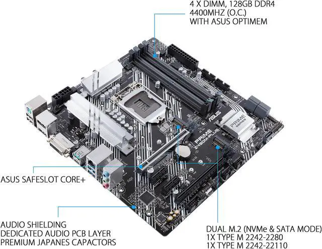 Alt view image 3 of 5 - ASUS PRIME Z490M-PLUS LGA 1200 (Intel 10th Gen) Intel Z490 SATA 6Gb/s Micro ATX Intel Motherboard (Dual M.2, DDR4 4400, 1Gb Ethernet, USB 3.2 Gen 2 USB Type-A, Aura Sync RGB)