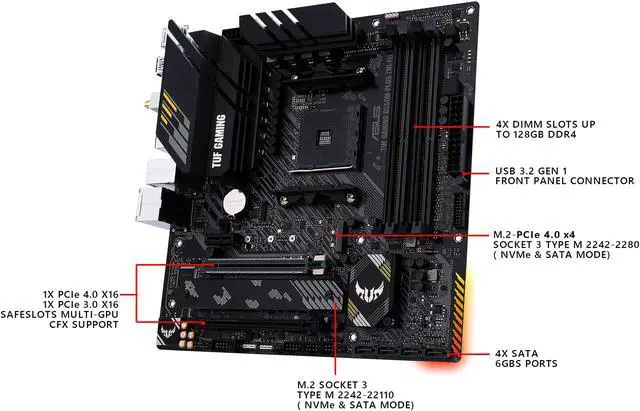 Alt view image 5 of 8 - ASUS TUF GAMING B550M-PLUS (Wi-Fi) AMD AM4 (3rd Gen Ryzen) Micro ATX Gaming Motherboard (PCIe 4.0, 2.5Gb LAN, BIOS FlashBack, HDMI 2.1, USB 3.2 Gen 2, Addressable Gen 2 RGB Header and AURA Sync)