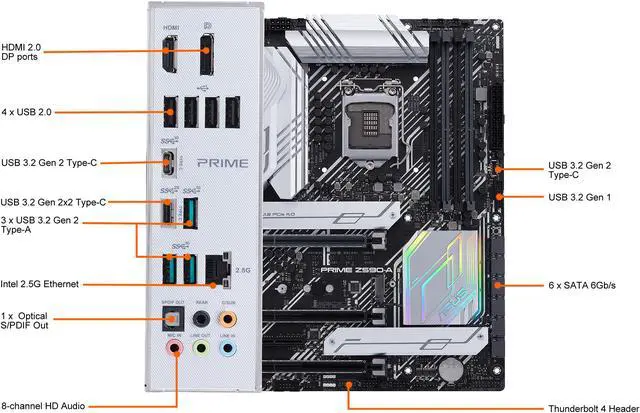 Alt view image 6 of 7 - ASUS Prime Z590-A LGA 1200 (Intel 11th/10th Gen) ATX Motherboard (14+2 DrMOS Power Stages, 3 x M.2, Intel 2.5Gb LAN, USB 3.2 Front Panel Type-C, Thunderbolt 4 Support, Aura Sync RGB Lighting)