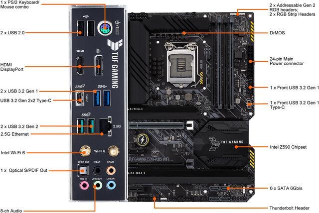 Alt view image 5 of 6 - ASUS TUF Gaming Z590-Plus WiFi 6, LGA 1200 (Intel 11th/10th Gen) ATX Gaming Motherboard (PCIe 4.0, 3 x M.2/NVMe SSD, 14+2 Power Stages, USB 3.2 Gen 1 Front Panel Type-C, 2.5Gb LAN, Thunderbolt 4 Support, Aura RGB Lighting)