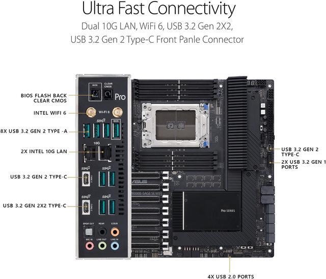 Alt view image 5 of 7 - ASUS Pro WS WRX80E-SAGE SE WIFI AMD Threadripper Pro EATX workstation motherboard (PCIe 4.0, ASMB9-iKVM, 2x10Gb LAN, 7xPCIe 4.0 X16 slots, 3xM.2,2xU.2 ports, 11 USB 3.2 Gen 2 ports,8-channel DDR4 ECC)
