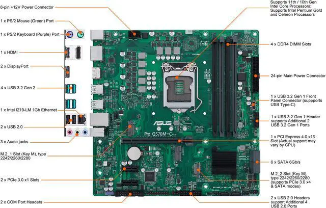 Alt view image 2 of 9 - ASUS Pro Q570M-C/CSM LGA1200 (Intel 10th & 11th Gen) mATX Commercial Motherboard (PCIe 4.0, 1 LAN, Front Panel USB 3.2 Gen 1 Type-C, Intel vPro, 2 x DisplayPorts, TPM 2.0 IC Onboard, COM Debug Header, ASUS-exclusive Self-recovering BIOS)