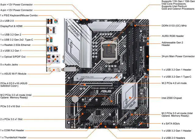 Alt view image 2 of 9 - ASUS Prime Z590-P WiFi LGA 1200 (Intel 11th / 10th Gen) ATX Motherboard (PCIe 4.0, 10+1 Power Stages, 3 x M.2, WiFi 6, 2.5Gb LAN, Front Panel USB 3.2 Gen 1 USB Type-C, Thunderbolt 4 Support, Aura Sync RGB)