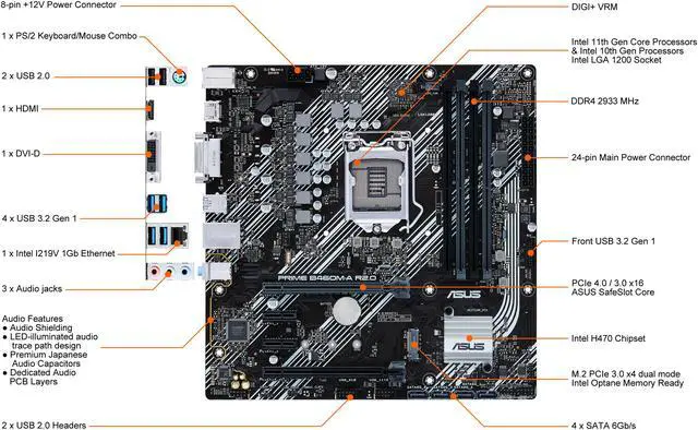 Alt view image 2 of 7 - ASUS PRIME B460M-A R2.0 LGA 1200 Intel B460 Micro ATX Intel Motherboard