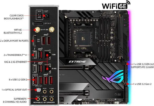 Alt view image 5 of 6 - ASUS ROG Crosshair VIII Extreme AMD AM4 X570S EATX Gaming Motherboard (PCIe 4.0, Passive PCH Heatsink, 18+2 Power Stages, 5 x M.2 Slots, Wi-Fi 6E, 2" LiveDash OLED, USB 3.2 Gen 2x2 Front-panel Connector with PD 3.0 60W, 10Gb & 2.5Gb LAN)