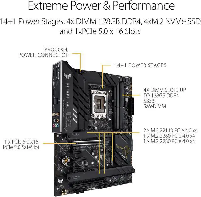 Alt view image 4 of 7 - ASUS TUF Gaming Z690-Plus WiFi D4 LGA 1700(Intel®12th&13th Gen) ATX gaming motherboard(PCIe 5.0, DDR4,4xM.2/NVMe SSD,14+2 power stages,WiFi 6,Intel ® 2.5Gb LAN,front USB 3.2 Gen 2 Type-C®,Thunderbolt 4,Two-Way AI Noise Cancelation)
