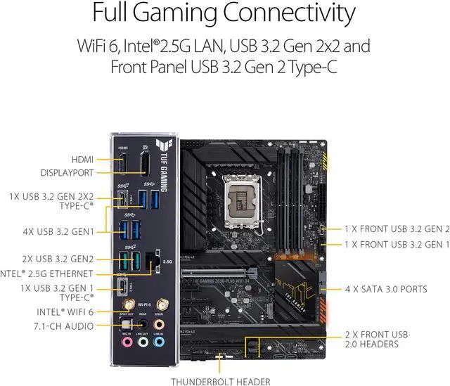 Alt view image 7 of 7 - ASUS TUF Gaming Z690-Plus WiFi D4 LGA 1700(Intel®12th&13th Gen) ATX gaming motherboard(PCIe 5.0, DDR4,4xM.2/NVMe SSD,14+2 power stages,WiFi 6,Intel ® 2.5Gb LAN,front USB 3.2 Gen 2 Type-C®,Thunderbolt 4,Two-Way AI Noise Cancelation)