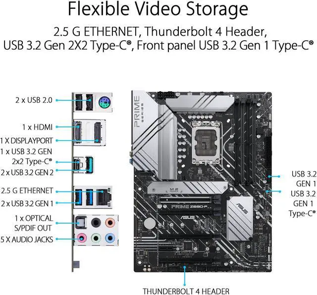 Alt view image 6 of 7 - ASUS Prime Z690-P LGA 1700 (Intel® 12th&13th Gen) ATX motherboard (PCIe 5.0, DDR5,14+1 Power Stages,3x M.2,2.5Gb LAN,V-M.2 e-key,front panel USB 3.2 Gen 1 USB Type-C®,Thunderbolt™ 4 support,Arua Sync)
