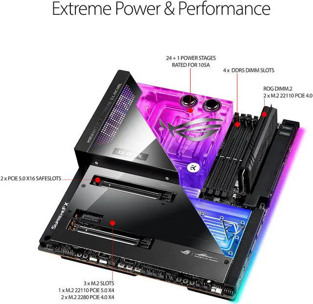 Alt view image 4 of 6 - ASUS ROG Maximus Z690 Extreme Glacial (WiFi 6E) LGA 1700(Intel® 12th&13th Gen) EATX gaming motherboard (Integrated EK® Ultrablock,PCIe 5.0,DDR5,24+1 105A power stages,5x M.2,1xPCIe 5.0 M.2,10Gb&2.5Gb LAN,2xThunderbolt 4 onboard.)