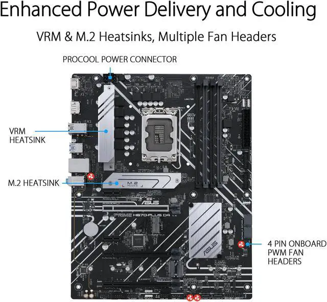Alt view image 3 of 7 - ASUS PRIME H670-PLUS D4 LGA 1700 (Intel 12th & 13th Gen) ATX Motherboard (PCIe 4.0, DDR4, 3xM.2 slots, 2.5Gb LAN, DP, HDMI, Aura Sync)
