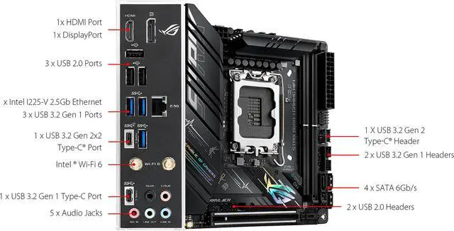 Alt view image 6 of 7 - ASUS ROG STRIX B660-I GAMING WIFI LGA 1700 (Intel 12th & 13th Gen) Mini-ITX Gaming Motherboard (PCIe 5.0, 8+1 power stages, DDR5, WiFi 6, 2.5 Gb LAN, 2xM.2 PCIe 4.0 NVMe SSD support, USB 3.2 Gen 2x2 Type-C)
