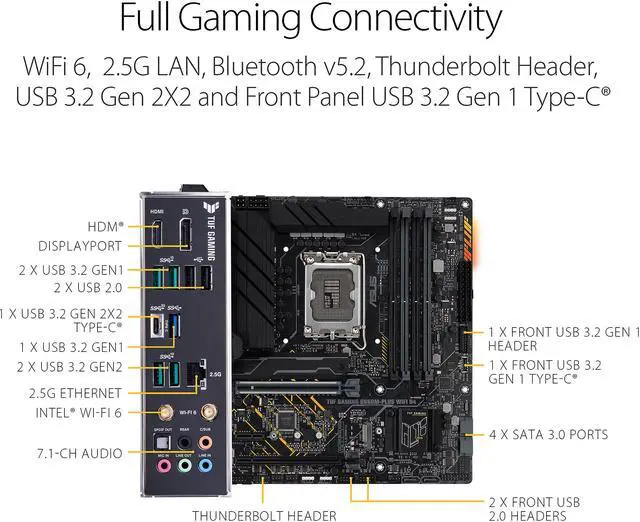 Alt view image 5 of 6 - ASUS TUF GAMING B660M-PLUS WIFI D4 LGA 1700 (Intel 12th & 13th Gen) mATX Gaming Motherboard (PCIe 5.0, DDR4, 10+1 DrMOS, 2xPCIe 4.0 M.2 Slots, WiFi 6, 2.5 Gb LAN, Front USB 3.2 Gen 1 Type-C)