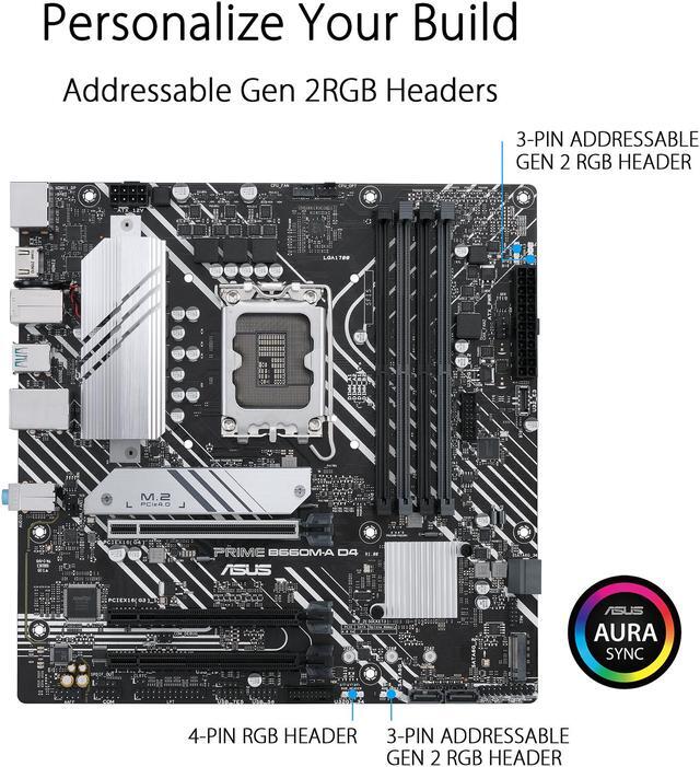 Alt view image 2 of 6 - ASUS PRIME B660M-A D4 LGA 1700 (Intel 12th & 13th Gen) mATX Motherboard (PCIe 4.0, DDR4, 2xM.2 slots, 1Gb LAN, DP, 2 x HDMI, rear USB 3.2 Gen 2, front USB 3.2 Gen 1 Type-C, Aura Sync)