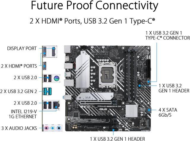Alt view image 4 of 6 - ASUS PRIME B660M-A D4 LGA 1700 (Intel 12th & 13th Gen) mATX Motherboard (PCIe 4.0, DDR4, 2xM.2 slots, 1Gb LAN, DP, 2 x HDMI, rear USB 3.2 Gen 2, front USB 3.2 Gen 1 Type-C, Aura Sync)