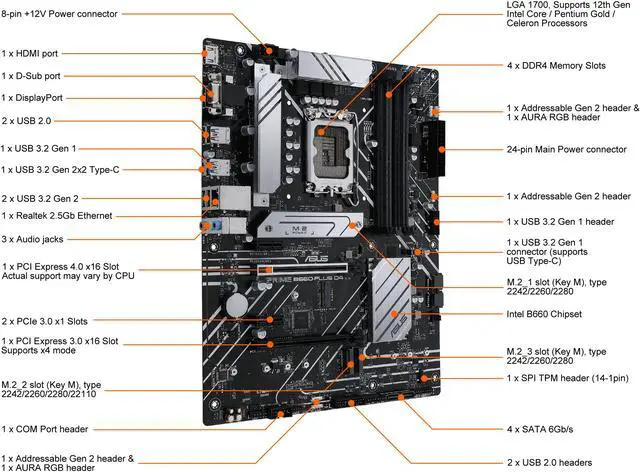 Alt view image 3 of 7 - ASUS PRIME B660-PLUS D4 LGA 1700 (Intel 12th & 13th Gen) ATX Motherboard (PCIe 4.0, DDR4, 3xM.2 slots, 2.5Gb LAN, rear USB 3.2 Gen 2x2 Type-C, front USB 3.2 Gen 1 Type-C)