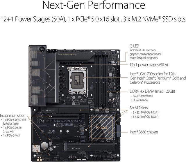Alt view image 4 of 7 - ASUS ProArt B660-Creator D4 LGA 1700 (Intel 12th & 13th Gen) Content Creator ATX Motherboard (PCIe 5.0, DDR4, 2.5G/1G LAN, 3xM.2/NVMe SSD, front panel USB 3.2 Gen2x2 Type-C ports with 60W charging)