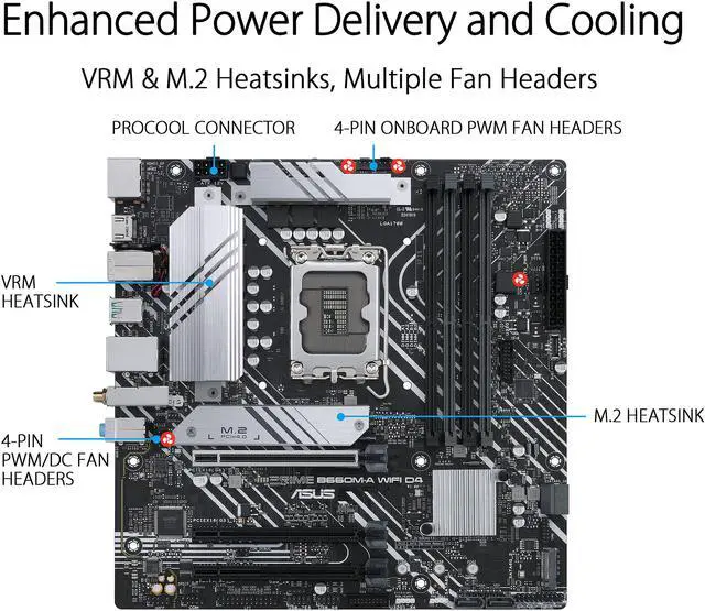 Alt view image 2 of 6 - ASUS PRIME B660M-A WIFI D4 LGA 1700 (Intel 12th & 13th Gen) mATX Motherboard (PCIe 4.0, Intel Wi-Fi 6, DDR4, 2xM.2 slots, 1Gb LAN, DP, 2x HDMI, rear USB 3.2 Gen 2, front USB 3.2 Gen 1 Type-C, Aura Sync)
