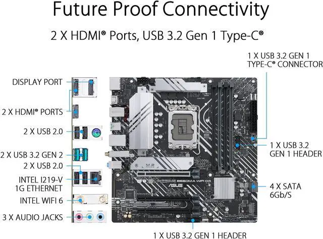 Alt view image 5 of 6 - ASUS PRIME B660M-A WIFI D4 LGA 1700 (Intel 12th & 13th Gen) mATX Motherboard (PCIe 4.0, Intel Wi-Fi 6, DDR4, 2xM.2 slots, 1Gb LAN, DP, 2x HDMI, rear USB 3.2 Gen 2, front USB 3.2 Gen 1 Type-C, Aura Sync)