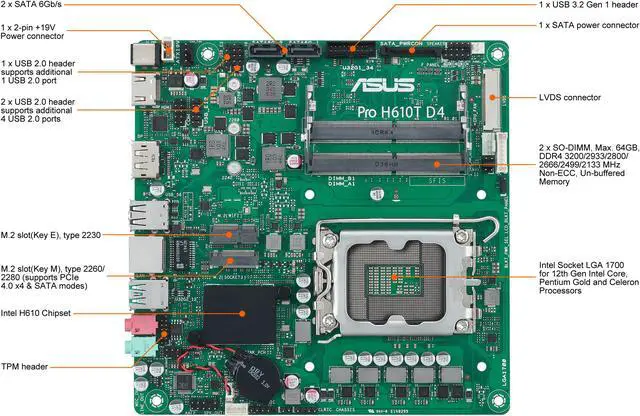 Alt view image 2 of 8 - ASUS Pro H610T D4-CSM LGA 1700 (Intel 12th & 13th Gen & Intel vPro) TCO-optimized Commercial Motherboard (PCIe 4.0, DP, LVDS, SO-DIMM DDR4 3200, USB 3.2 Gen 2, M.2 PCIe 4.0 slot, M.2 key E slot)