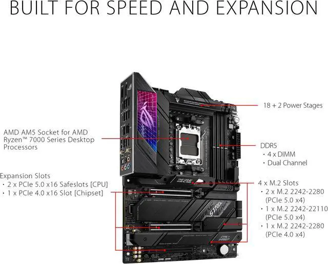 Alt view image 3 of 7 - ASUS ROG STRIX X670E-E GAMING WIFI AMD X670 AM5 Ryzen Desktop 9000 8000 & 7000 ATX motherboard, 18+2 power stages, DDR5, 4x M.2 slots with heatsink, PCIe 5.0, USB 3.2 Gen 2x2, WiFi 6E, AI Cooling II