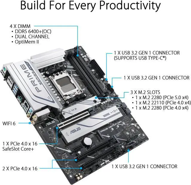 Alt view image 5 of 7 - ASUS PRIME X670-P WIFI AMD X670 AM5 Ryzen Desktop 9000 8000 & 7000 ATX motherboard with three M.2 slots, DDR5, USB 3.2 Gen 2x2 Type-C, USB4 support, WiFi 6 and 2.5Gb Ethernet
