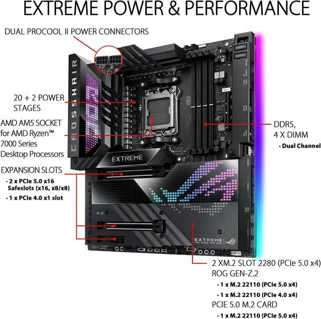 Alt view image 2 of 6 - ASUS ROG Crosshair X670E Extreme (WiFi 6E) Socket AM5 (LGA 1718) Ryzen 7000 EATX Gaming Motherboard (20+2 power stages, PCIe 5.0, DDR5, five M.2 slots, USB 3.2 Gen 2x2 front-panel header with Quick Charge 4+, USB4 ports, AniMe Matrix LED)