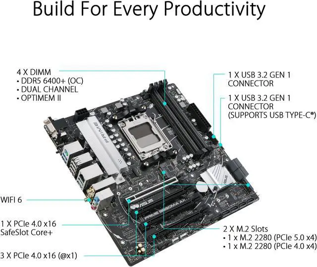 Alt view image 4 of 6 - ASUS Prime B650M-A AX AMD B650(Ryzen 7000) Micro-ATX motherboard(DDR5, PCIe 5.0 M.2 support, 2.5Gb Ethernet, Wi-Fi 6, DisplayPort, HDMI ,USB 3.2 Gen 2 ports, front USB 3.2 Gen 1 Type-C, BIOS FlashBack, CEC Tier II ready)