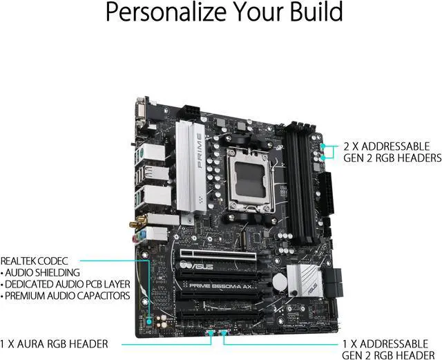 Alt view image 5 of 6 - ASUS Prime B650M-A AX AMD B650(Ryzen 7000) Micro-ATX motherboard(DDR5, PCIe 5.0 M.2 support, 2.5Gb Ethernet, Wi-Fi 6, DisplayPort, HDMI ,USB 3.2 Gen 2 ports, front USB 3.2 Gen 1 Type-C, BIOS FlashBack, CEC Tier II ready)