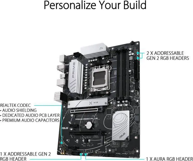 Alt view image 4 of 6 - ASUS PRIME B650-PLUS AMD B650 AM5 Ryzen™ Desktop 9000 8000 and 7000 ATX motherboard, DDR5, PCIe 5.0 M.2, 2.5Gb LAN, DP, HDMI®, SATA 6Gbps, USB 3.2 Gen 2 & 1 Type-C®, BIOS FlashBack™, USB4® support