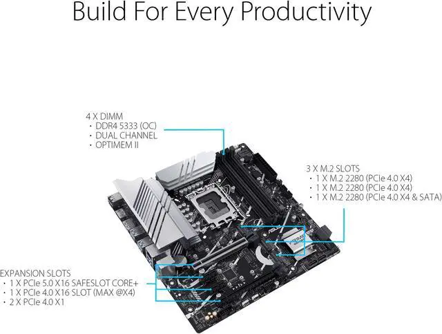 Alt view image 5 of 6 - ASUS Prime Z790M-Plus D4 LGA 1700(Intel® 14th & 13th & 12th Gen) microATX motherboard (PCIe® 5.0, 3xM.2 slots, 10+1 DrMOS, DDR4,1 Gb LAN, DP, USB 3.2 Gen 2x2 Type-C®,front USB 3.2 Gen 1 Type-C®, Thunderbolt™ (USB4®) support)